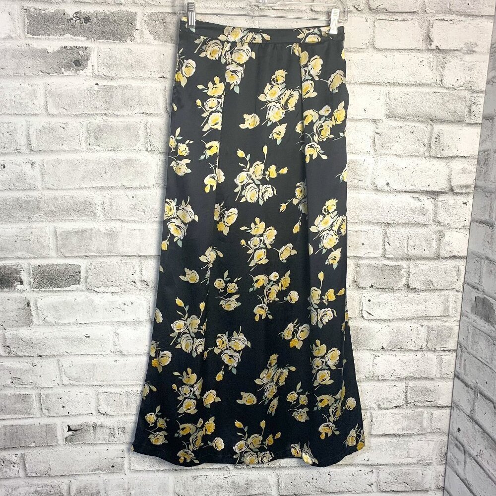 Vintage 90s Fallen Star Black Dark Floral Lightweight Flowy Maxi Skirt